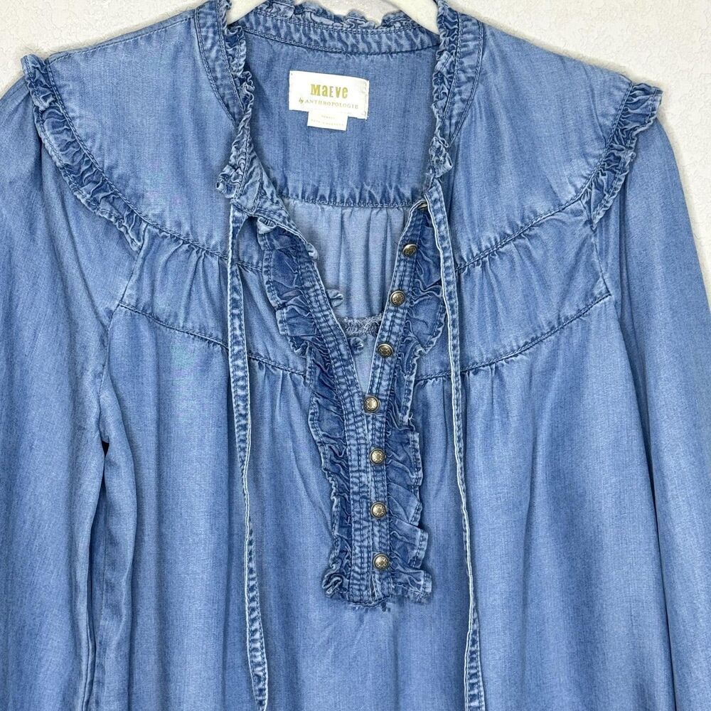 Maeve Anthropologie Shirt Womens XS Blue Ruffle Henley Peasant Tencel Boho Top - Picture 5 of 7